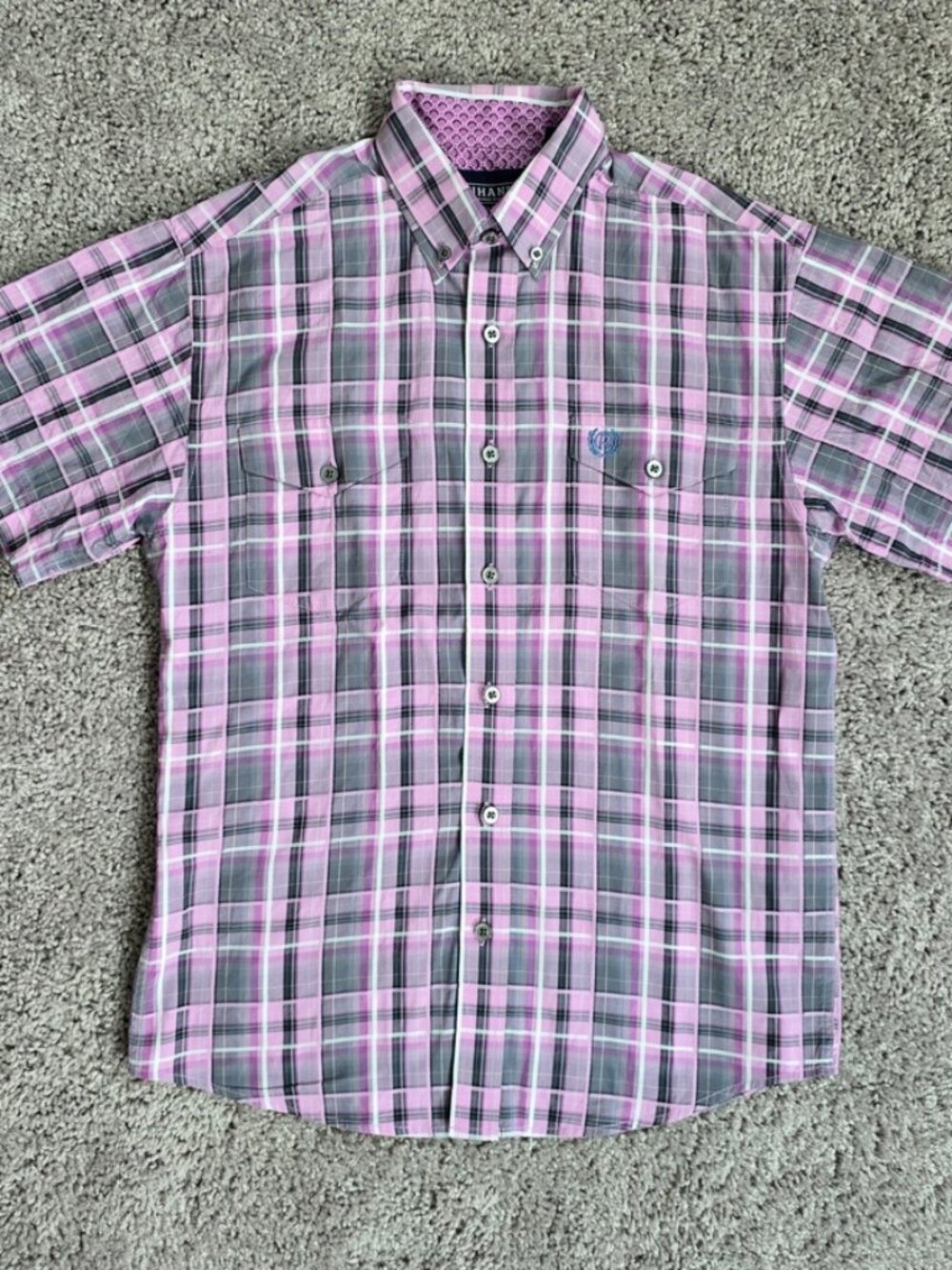 Panhandle Slim Boys Western Plaid Short Sleeve Button Down Shirt 14 L Pink Grey